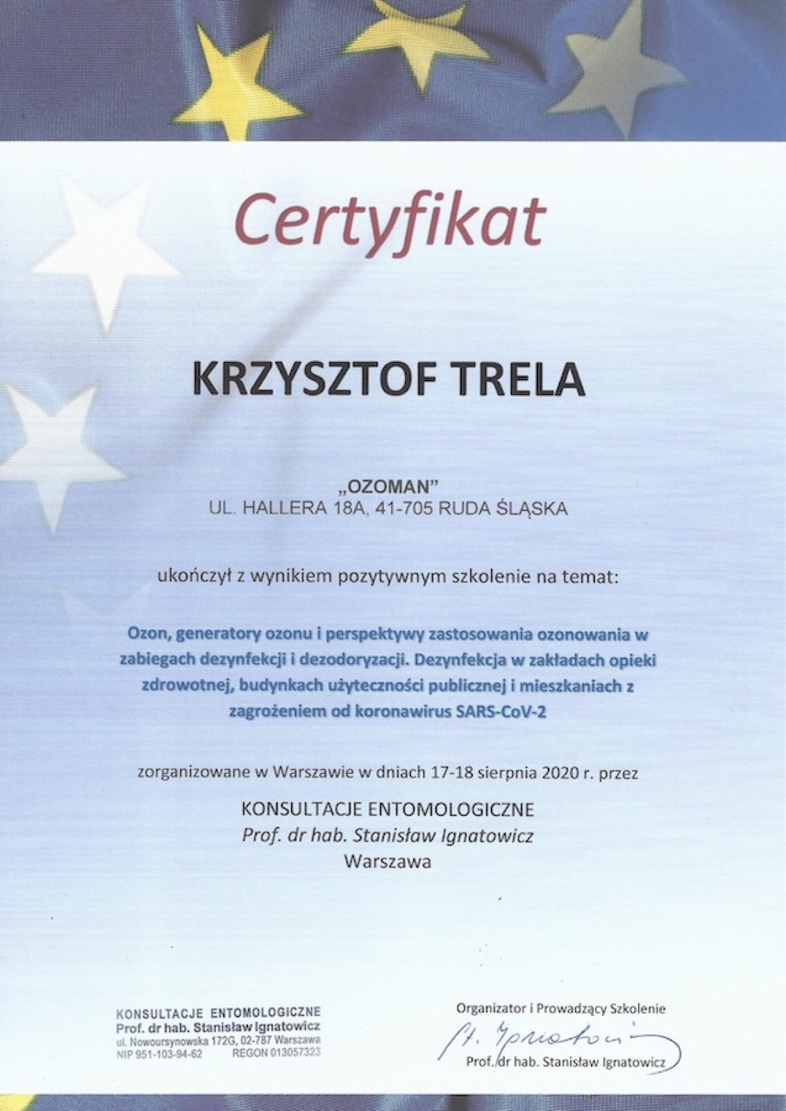 Certyfikat kursu ozonowania OzoMan