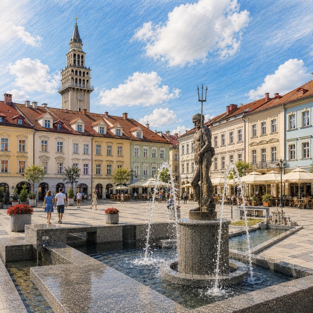 Rynek w Bielsku-Białej z fontanną Neptuna i kolorowymi kamienicami