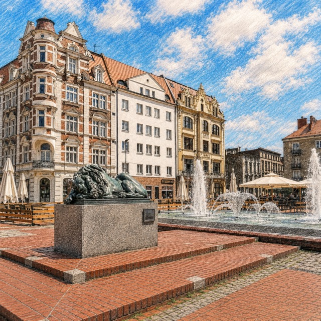 Rynek w Bytomiu z rzeźbą Śpiącego Lwa i fontanną