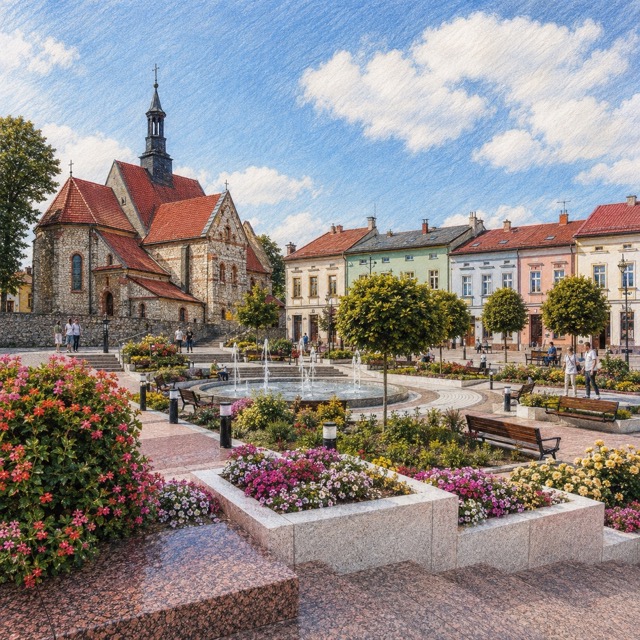 Plac w Chrzanowie z fontanną, rabatami i kościołem