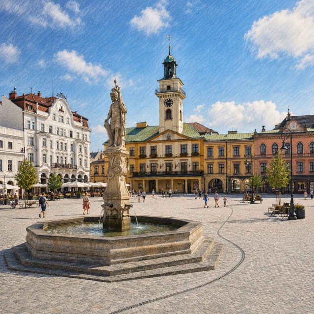 Rynek w Cieszynie z fontanną świętego Floriana, ratuszem i kamienicami