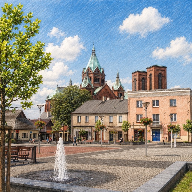 Rynek w Czeladzi z fontanną i bazyliką świętego Stanisława w tle