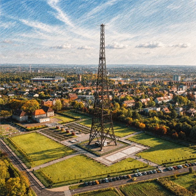 Wieża Radiostacji Gliwice na tle panoramy miasta