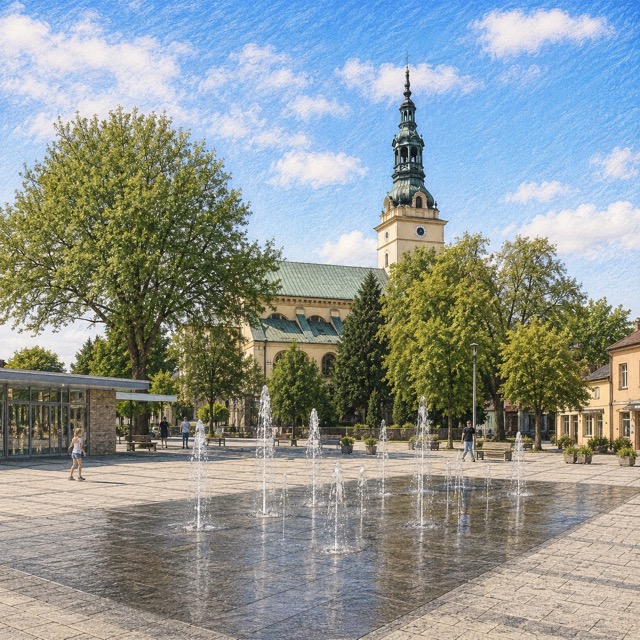 Fontanny na rynku i wieża kościoła w Kłobucku