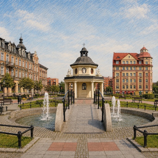 Fontanny, pawilon i kamienice przy placu w Mysłowicach