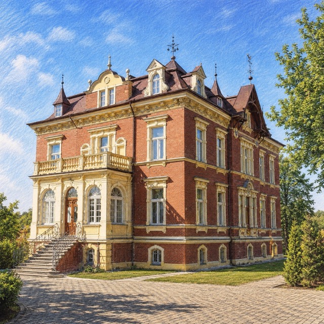 Pałac Fabrykanta z ceglaną elewacją w Myszkowie