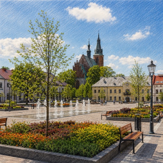 Rynek w Olkuszu z fontannami, zielenią i kościołem w tle