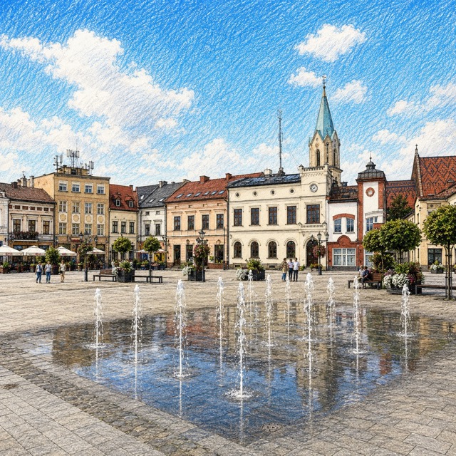 Rynek Główny w Oświęcimiu z fontanną posadzkową, kamienicami i dawnym ratuszem