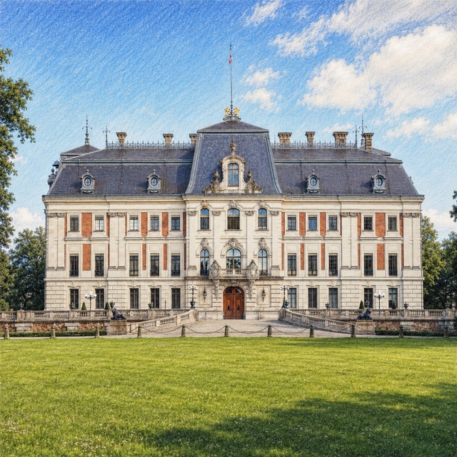 Frontowa elewacja Muzeum Zamkowego w Pszczynie widziana od strony parku
