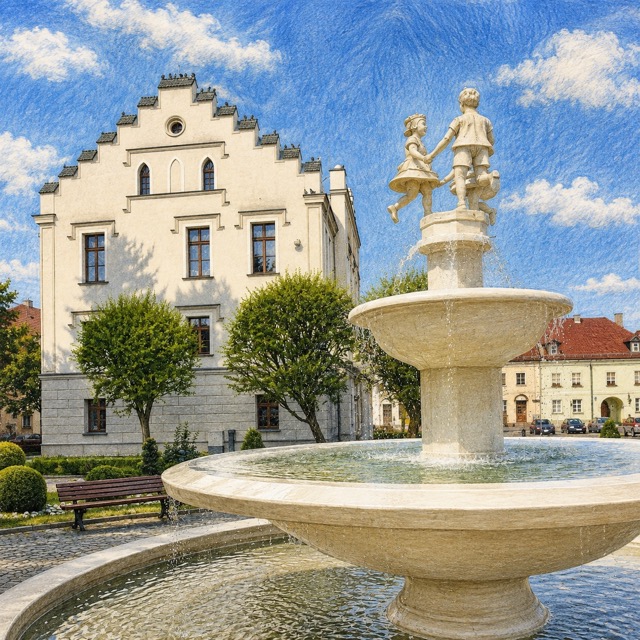 Fontanna i ratusz na rynku w Pyskowicach