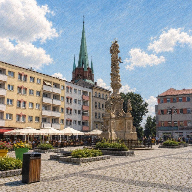 Kolumna Maryjna i kamienice na rynku w Raciborzu