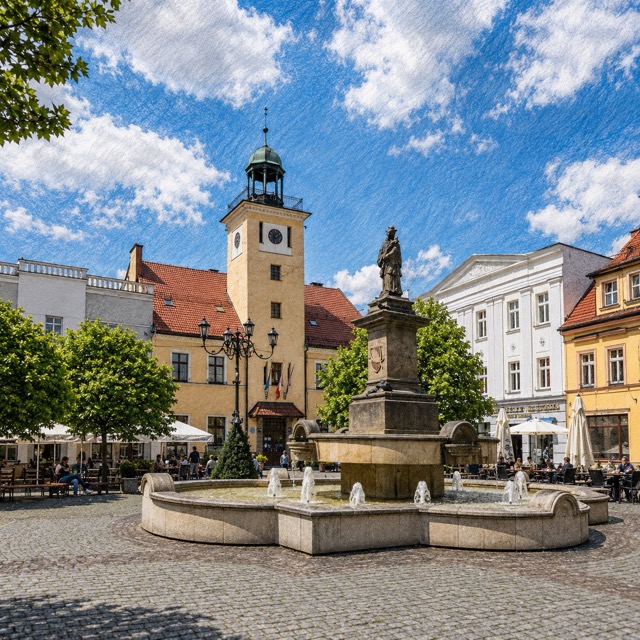 Fontanna z figurą świętego Jana Nepomucena i dawny ratusz na rynku w Rybniku