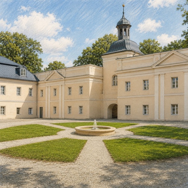 Dziedziniec Pałacu Donnersmarcków w Siemianowicach Śląskich z fontanną i wieżą bramną