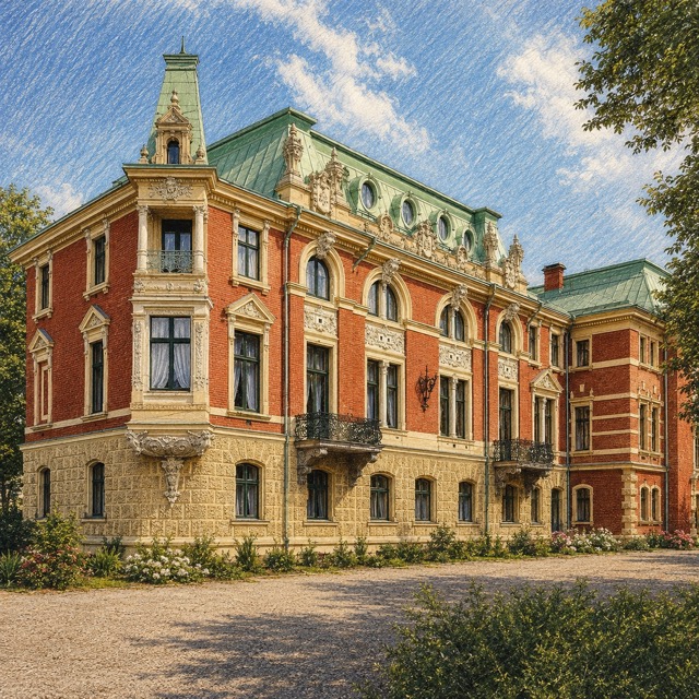 Pałac Dietla w Sosnowcu z ceglaną elewacją i zielonym mansardowym dachem