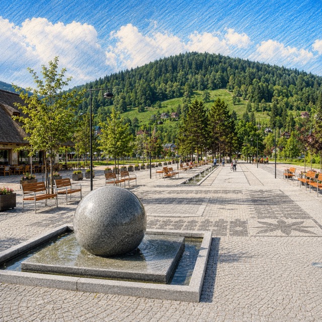 Plac świętego Jakuba w Szczyrku z kamienną fontanną i zalesionym zboczem