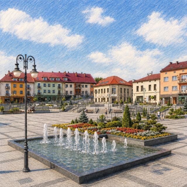 Plac w centrum Trzebini z fontanną i zabudową miejską