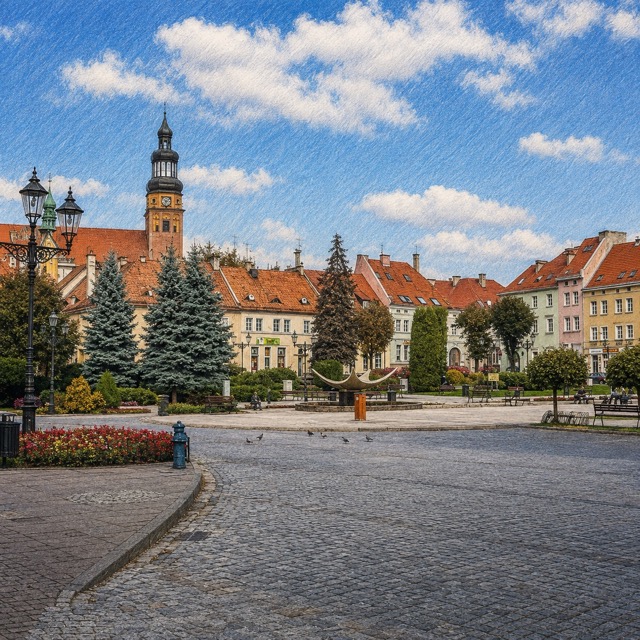 Rynek w Wodzisławiu Śląskim z kamienicami i wieżą kościoła